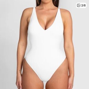 TA3 Plungey White One Piece Swimsuit M Hi Cut Lace Back Snatched